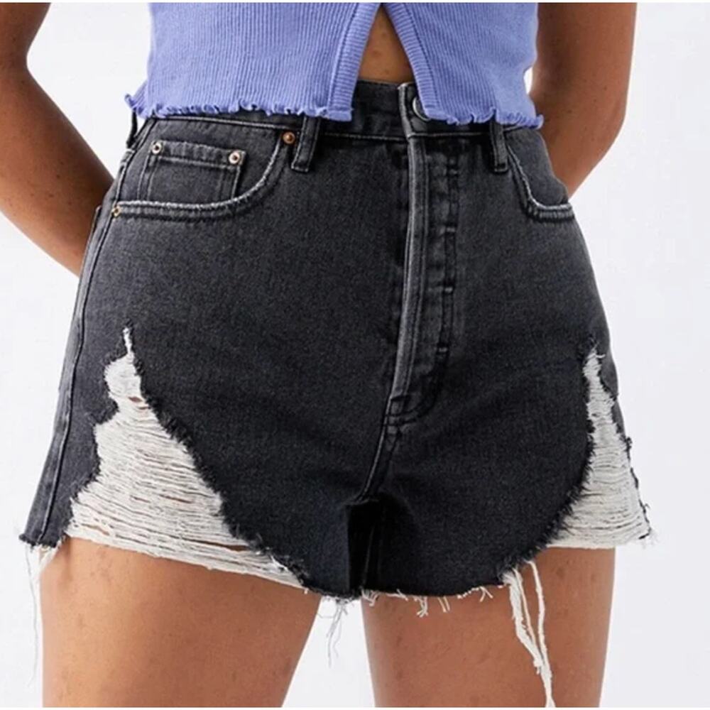 PacSun‎ Shorts Womens 27 Black Denim Button Fly Ultra High Rise Distressed Goth